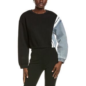 Gracia Womens Garnished Denim Tracksuit Sweatshirt, Black